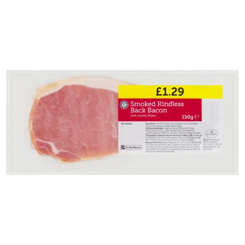 Euro Shopper Smoked Rindless Back Bacon with Added Water 150g