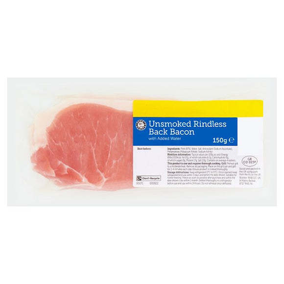Euro Shopper Unsmoked Rindless Back Bacon with Added Water 150g