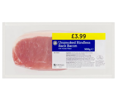 Euro Shopper Unsmoked Rindless Back Bacon with Added Water 500g