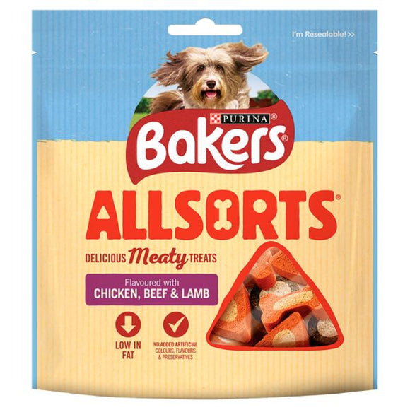 Bakers Allsorts Delicious Meaty Bite Size Treats Flavoured with Chicken, Beef & Lamb 98g